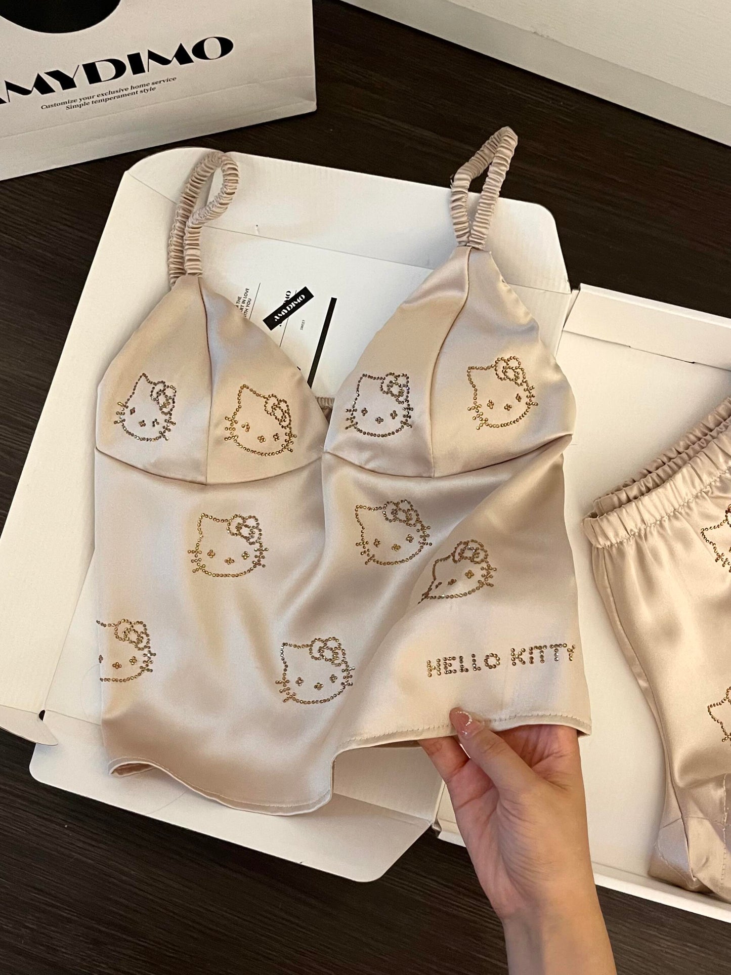 Hellokitty Champagne Satin Pajama Set for Women 2 Piece Silky Lingerie Sleepwear Camisole Pj Shorts Set Soft Nightwear