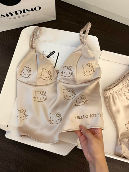 Hellokitty Champagne Satin Pajama Set for Women 2 Piece Silky Lingerie Sleepwear Camisole Pj Shorts Set Soft Nightwear