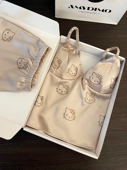 Hellokitty Champagne Satin Pajama Set for Women 2 Piece Silky Lingerie Sleepwear Camisole Pj Shorts Set Soft Nightwear