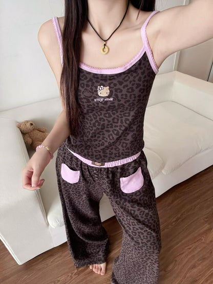 Hellokitty Leopard Print Cotton Cute Short&Long Pajama Set 2 Piece Sleepwear