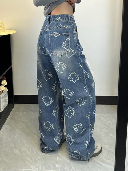 Hellokitty Pocket Embroidery Wide Leg Jeans High Waist Baggy Jeans for Women Loose Boyfriends Jeans Denim Pants