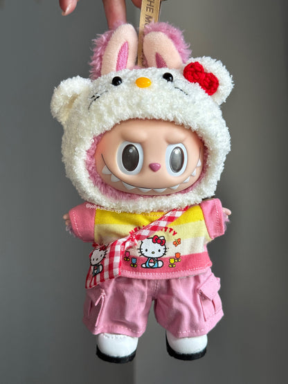 Handmade Knitting Hellokitty Pink Outfit Clothes Set for 17cm Labubu
