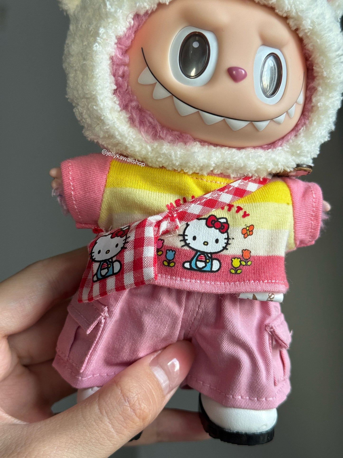 Handmade Knitting Hellokitty Pink Outfit Clothes Set for 17cm Labubu