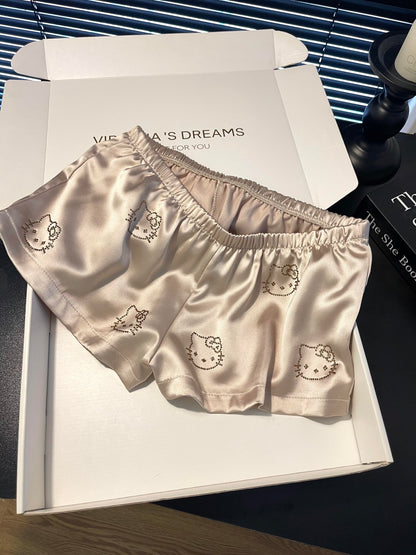 Hellokitty Champagne Satin Pajama Set for Women 2 Piece Silky Lingerie Sleepwear Camisole Pj Shorts Set Soft Nightwear