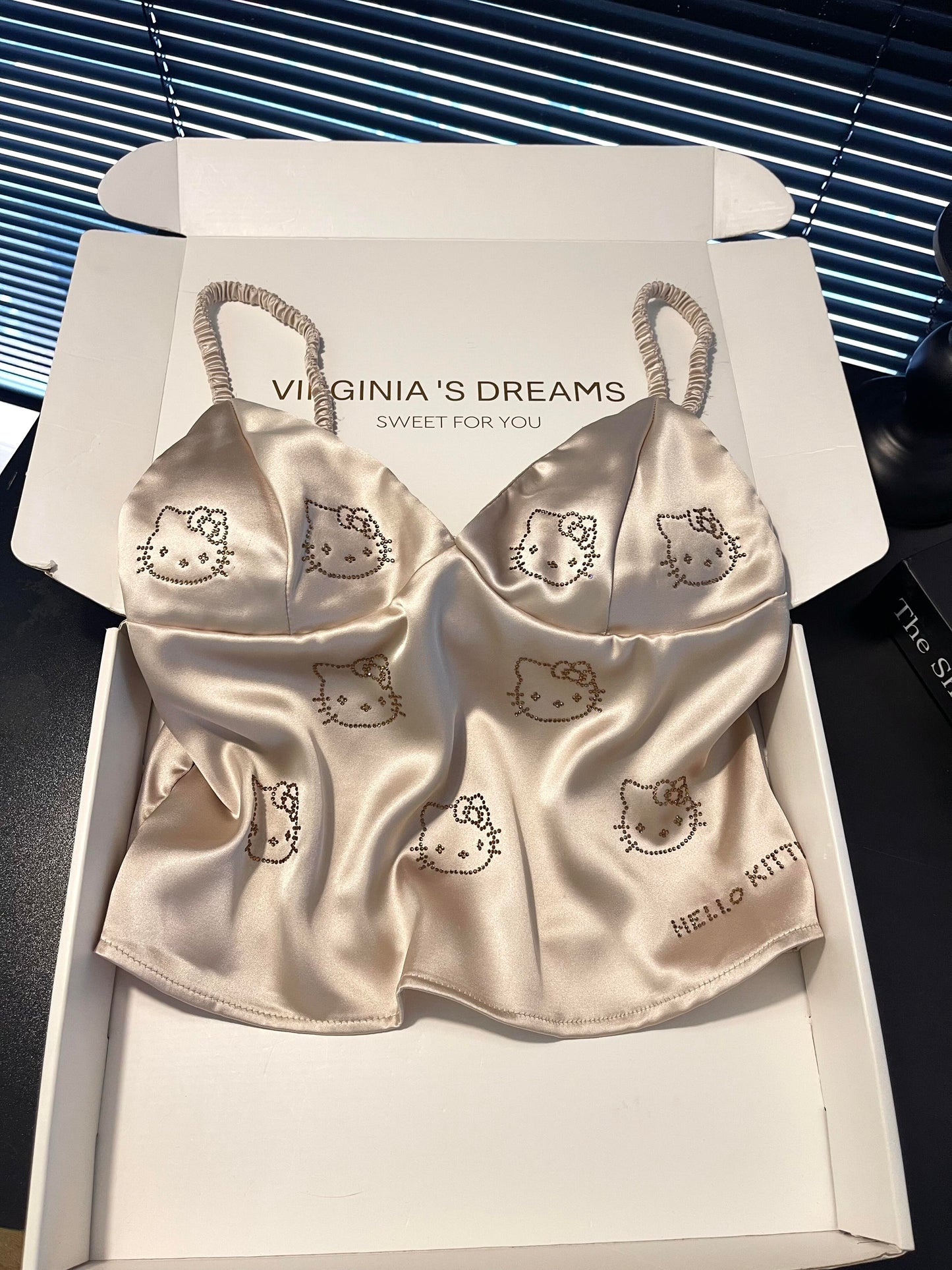 Hellokitty Champagne Satin Pajama Set for Women 2 Piece Silky Lingerie Sleepwear Camisole Pj Shorts Set Soft Nightwear