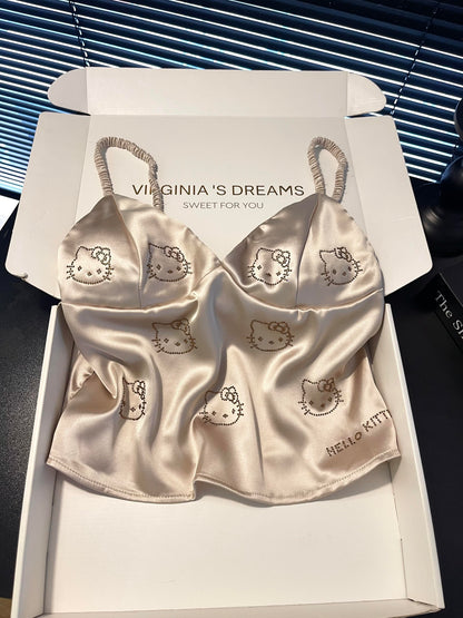 Hellokitty Champagne Satin Pajama Set for Women 2 Piece Silky Lingerie Sleepwear Camisole Pj Shorts Set Soft Nightwear