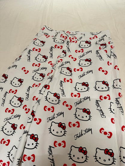 Hello Kitty Print Short Sleeve & Long Pants Pajama Set, Soft Cotton Loungewear
