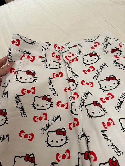 Hello Kitty Print Short Sleeve & Long Pants Pajama Set, Soft Cotton Loungewear