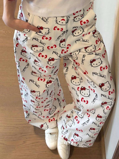 Hello Kitty Print Short Sleeve & Long Pants Pajama Set, Soft Cotton Loungewear