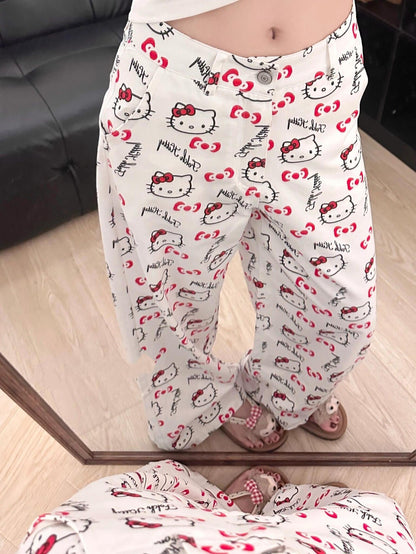 Hello Kitty Print Short Sleeve & Long Pants Pajama Set, Soft Cotton Loungewear