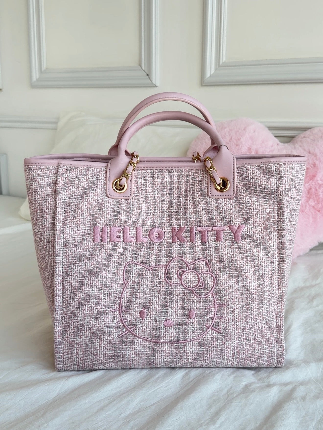 Hello kitty Pink Large Tote Beach Bag Weaving Swim Gym Shopping Travel Bag with Button