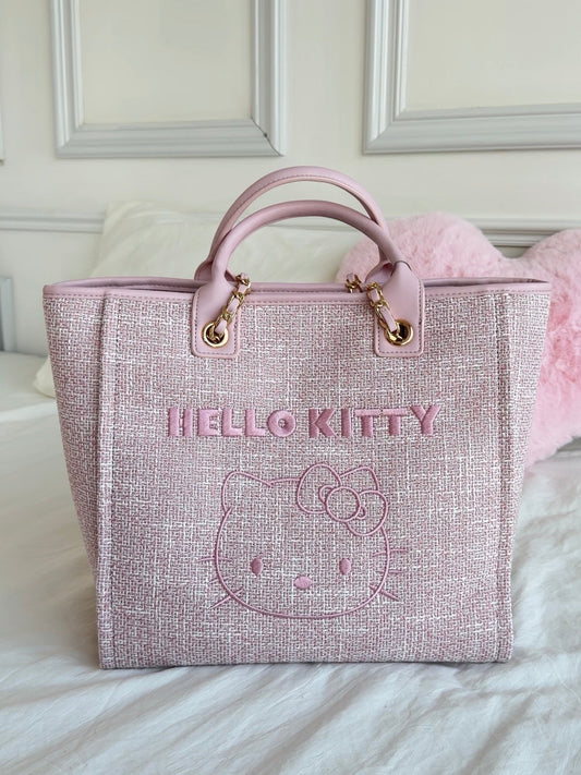 Hello kitty Pink Large Tote Beach Bag Weaving Swim Gym Shopping Travel Bag with Button