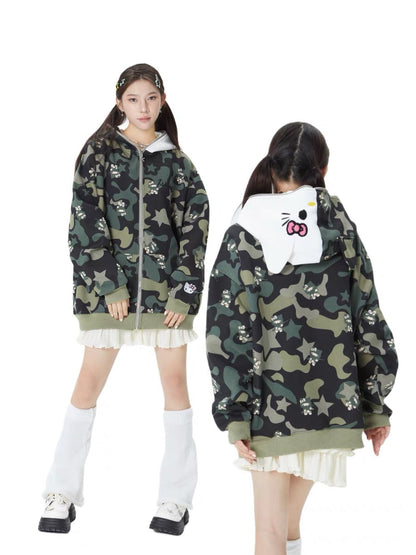 Hellokitty Camouflage Hoodies Fall Jacket Oversized Sweatshirts Casual Drawstring Zip Up Y2K Hoodie with Pocket