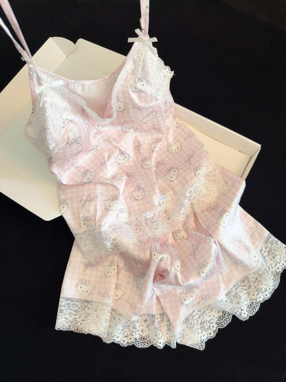 Hellokitty Pink Lace Pajama Set for Women 2 Piece Lingerie Sleepwear Camisole Pj Shorts Set Soft Nightwear