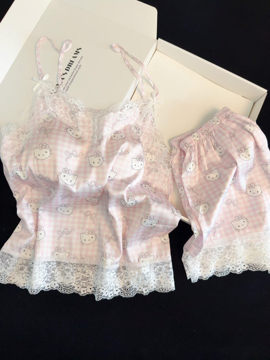 Hellokitty Pink Lace Pajama Set for Women 2 Piece Lingerie Sleepwear Camisole Pj Shorts Set Soft Nightwear