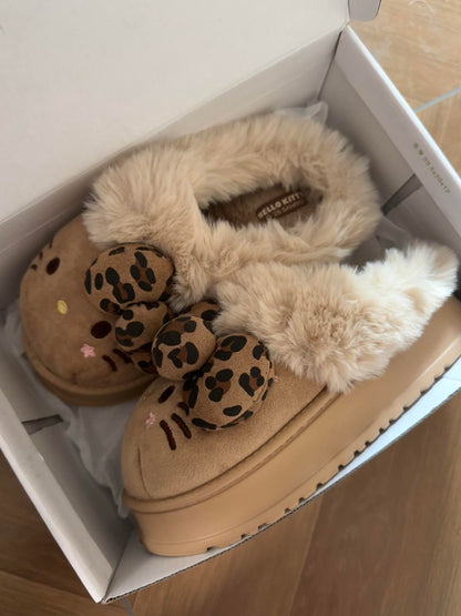 Hellokitty Fuzzy Brown Slippers Fluffy Fall Winter House Shoes Indoor and Outdoor