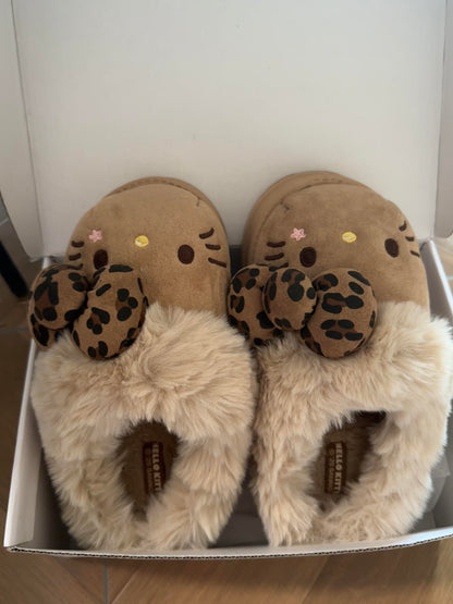 Hellokitty Fuzzy Brown Slippers Fluffy Fall Winter House Shoes Indoor and Outdoor