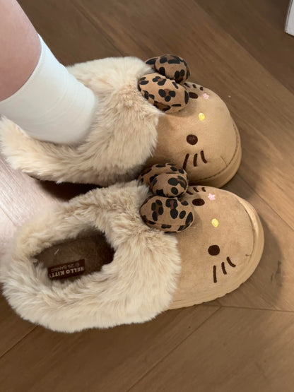 Hellokitty Fuzzy Brown Slippers Fluffy Fall Winter House Shoes Indoor and Outdoor