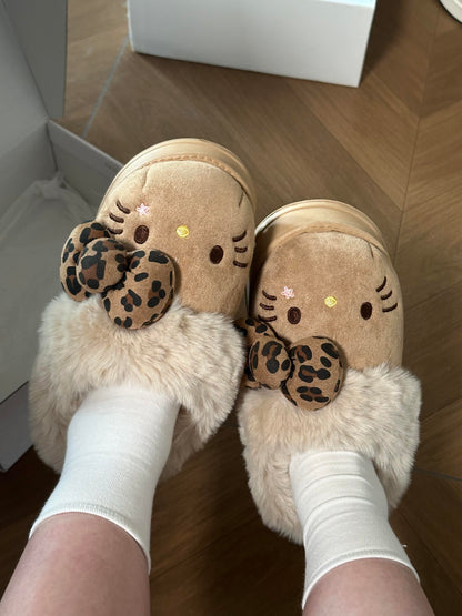 Hellokitty Fuzzy Brown Slippers Fluffy Fall Winter House Shoes Indoor and Outdoor