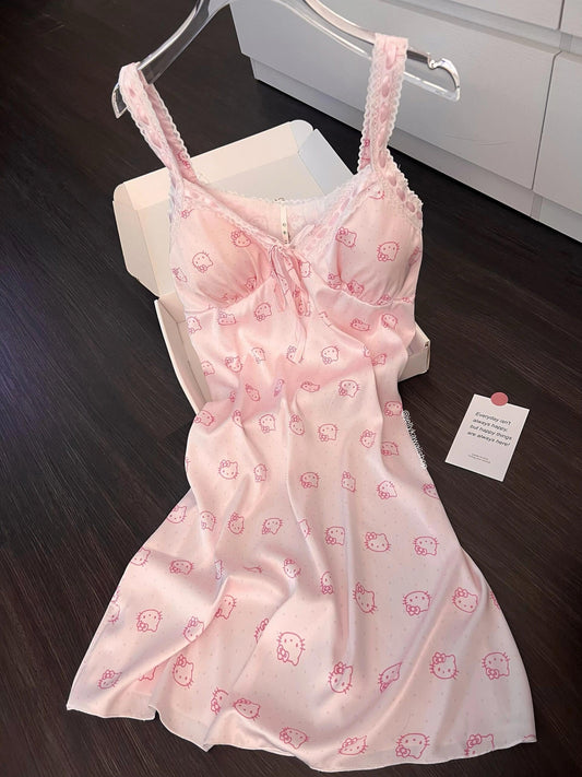 Hellokitty Pink Lace Silk Nightgown for Women Satin Slip Dress Nightdress
