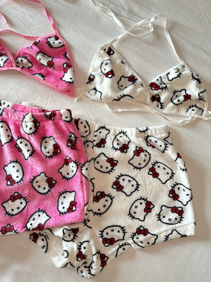 Hellokitty Women'S 2 Piece Sleepwear Flannel Bikini Top with Shorts Pj Set