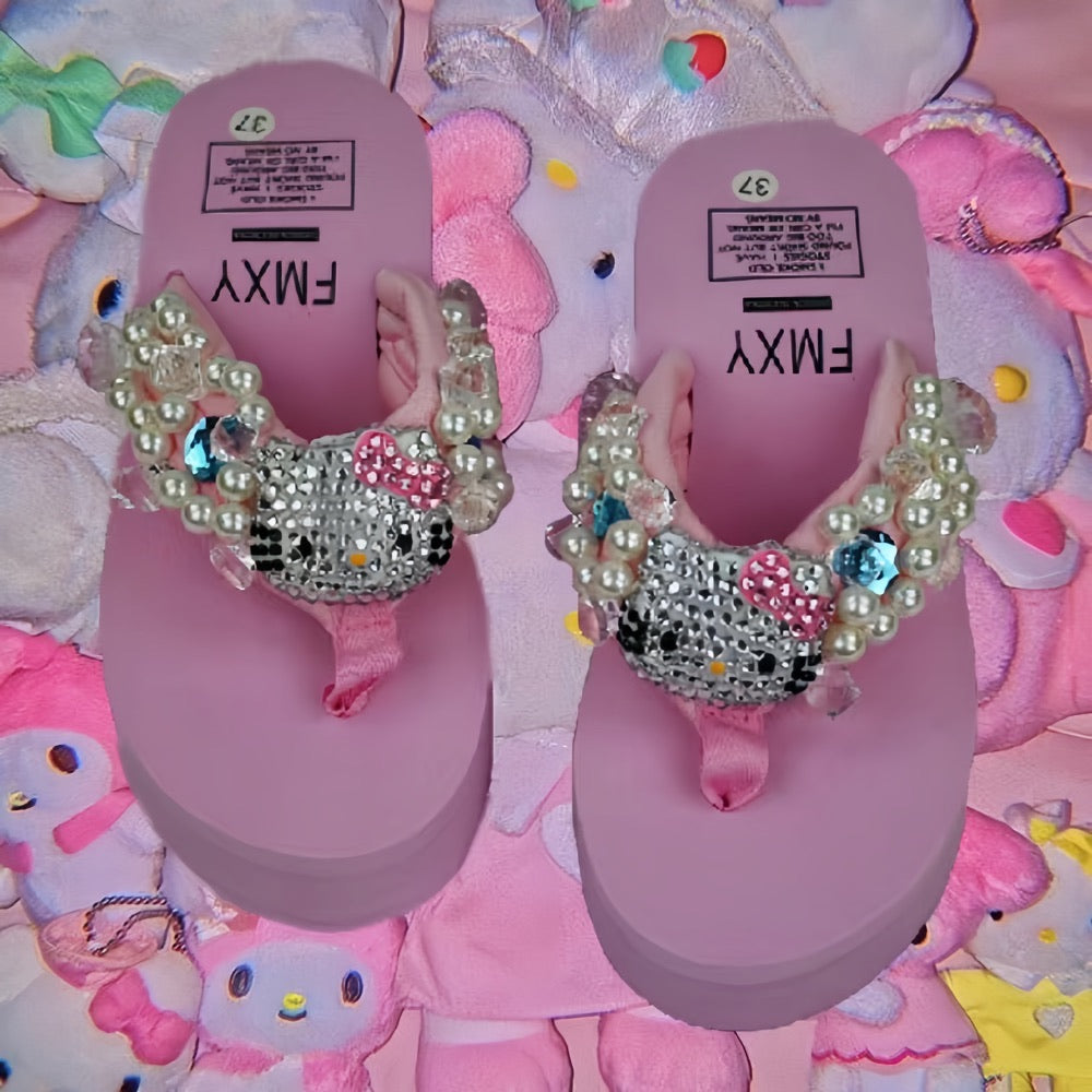 Hello Kitty Rhinestone High Platform Flip Flops Sandals Slippers