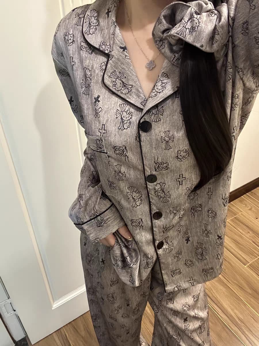 Gothic Kitty Cartoon Print Satin Pajama Set