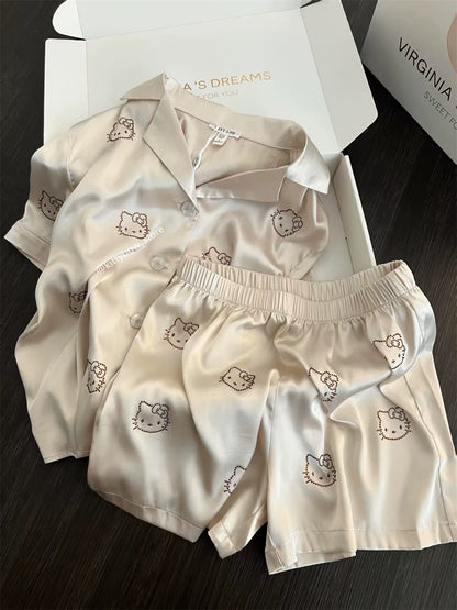 Champagne Satin Hello Kitty Rhinestone Pajama Set, Short Sleeve Loungewear for Women