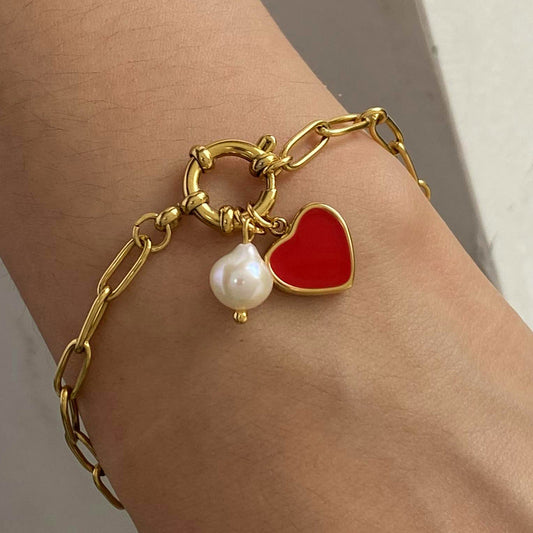 Stainless steel 18k gold-plated pearl heart bracelet
