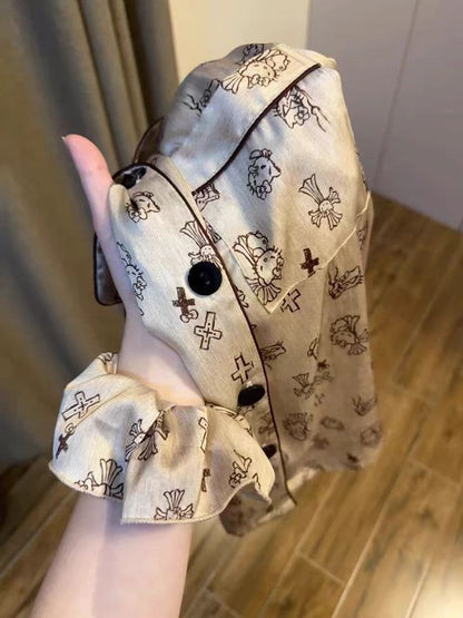 Gothic Kitty Cartoon Print Satin Pajama Set