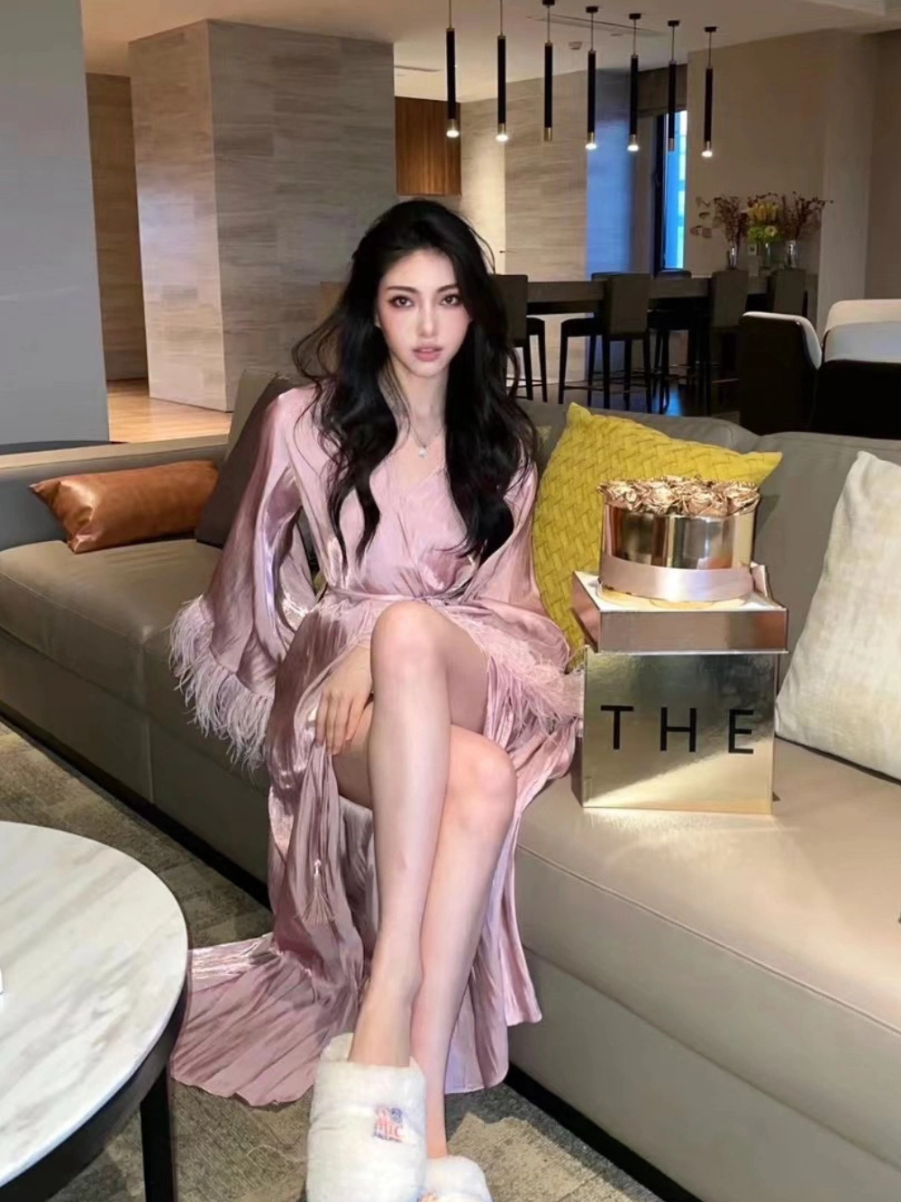 "Blush Feather" Satin Robe & Slip Dress Two-Piece Set