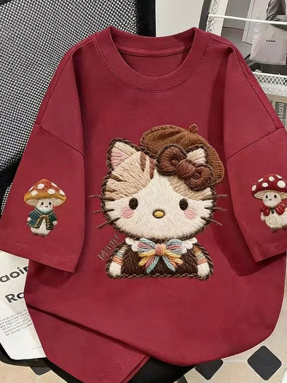 Embroidered Hello Kitty Oversized Cotton T-Shirt, Mushroom Print Casual Tee