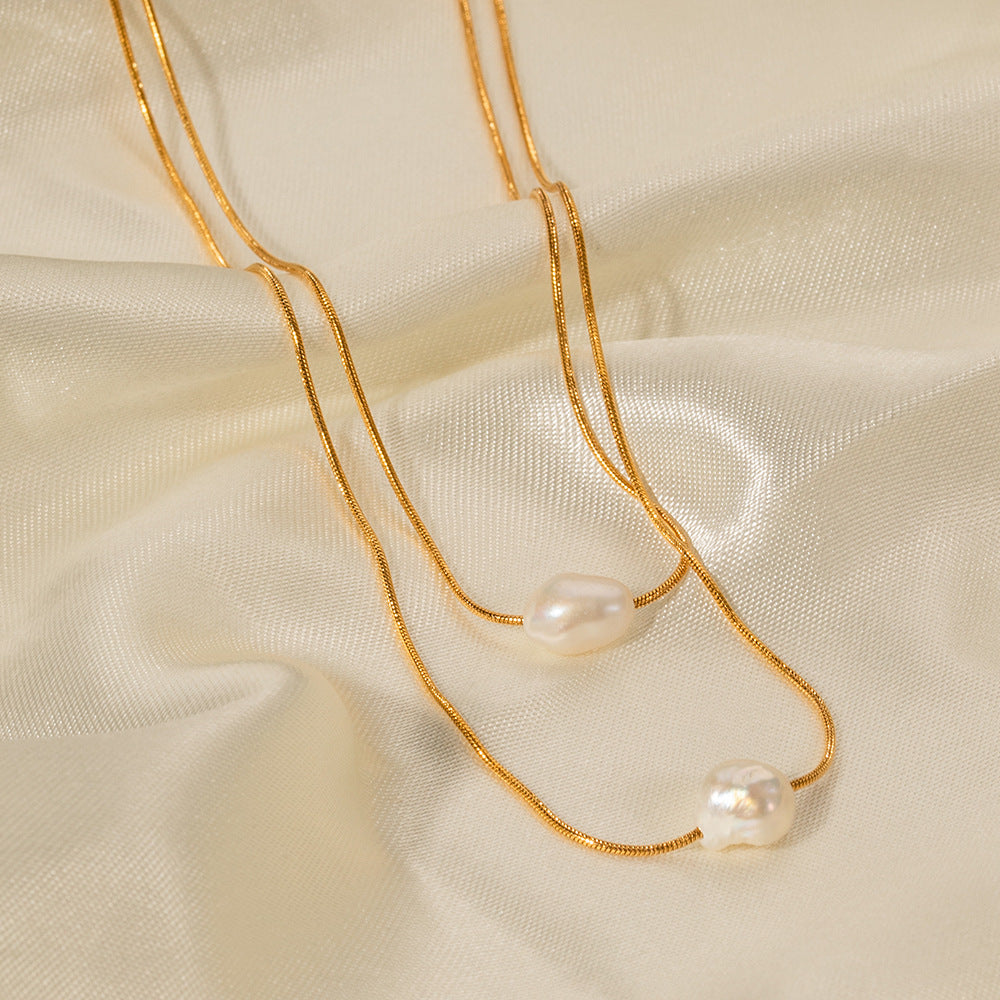 Stainless steel 18k gold-plated double-strand pearl necklace