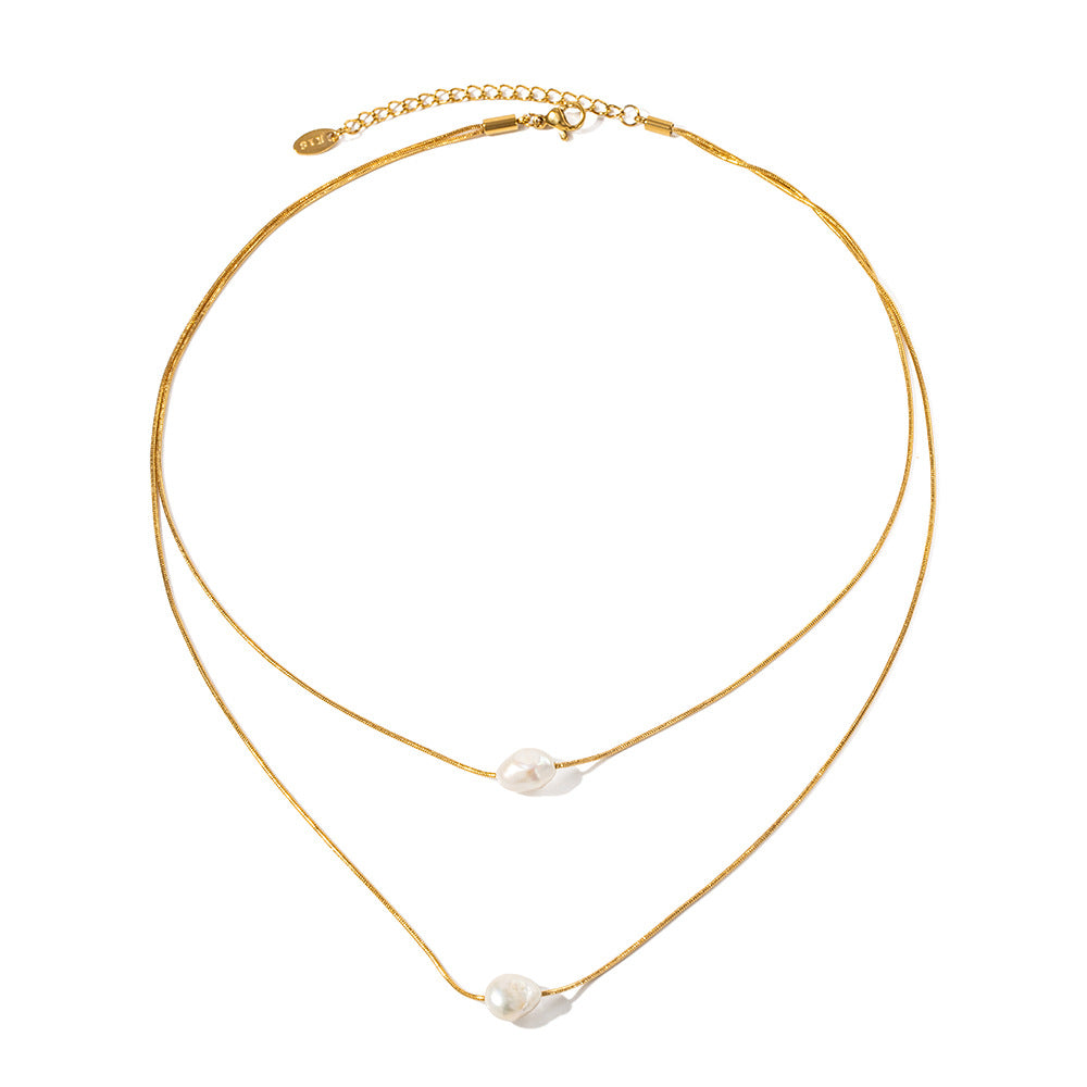Stainless steel 18k gold-plated double-strand pearl necklace