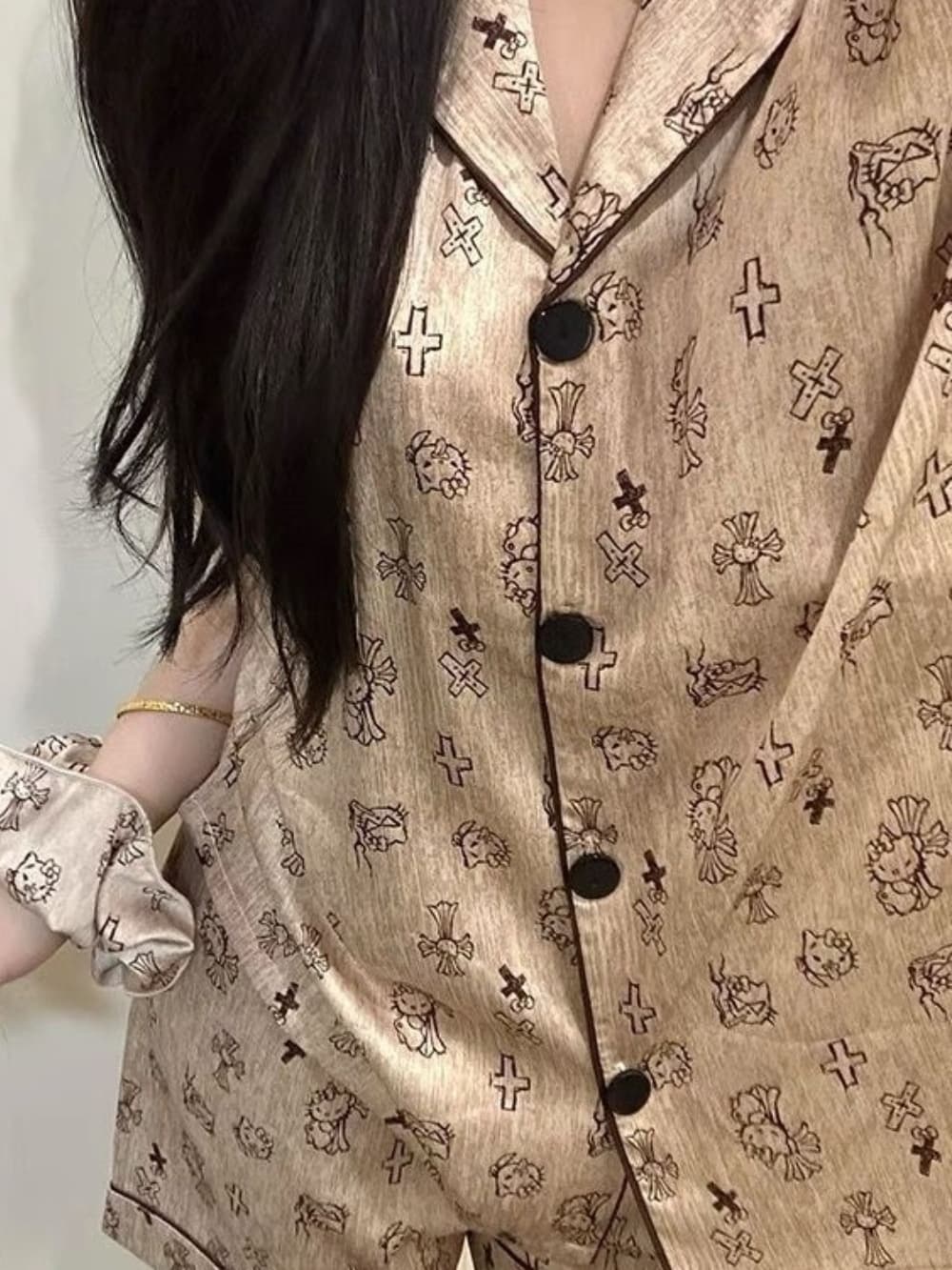 Gothic Kitty Cartoon Print Satin Pajama Set
