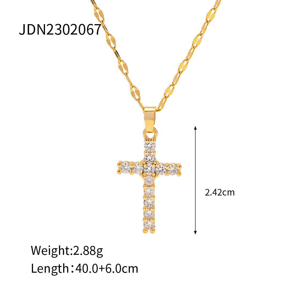 Stainless steel 18k gold-plated white zircon cross necklace