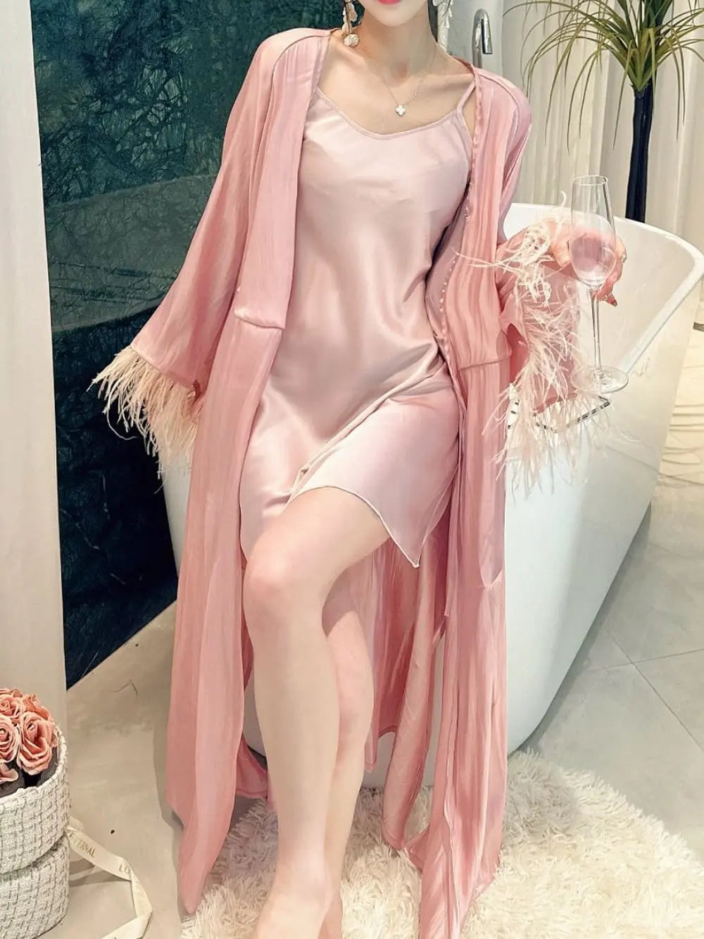 "Blush Feather" Satin Robe & Slip Dress Two-Piece Set