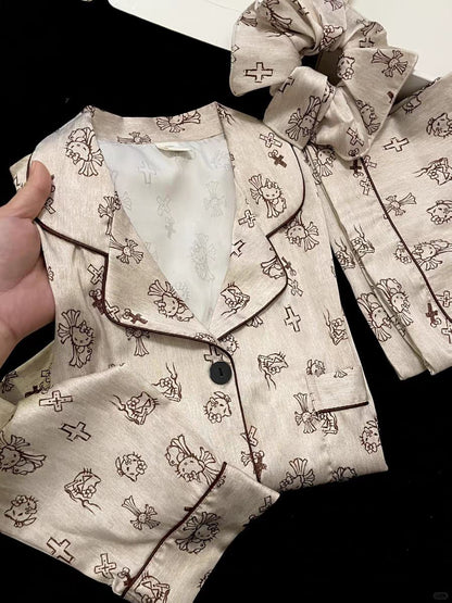 Gothic Kitty Cartoon Print Satin Pajama Set