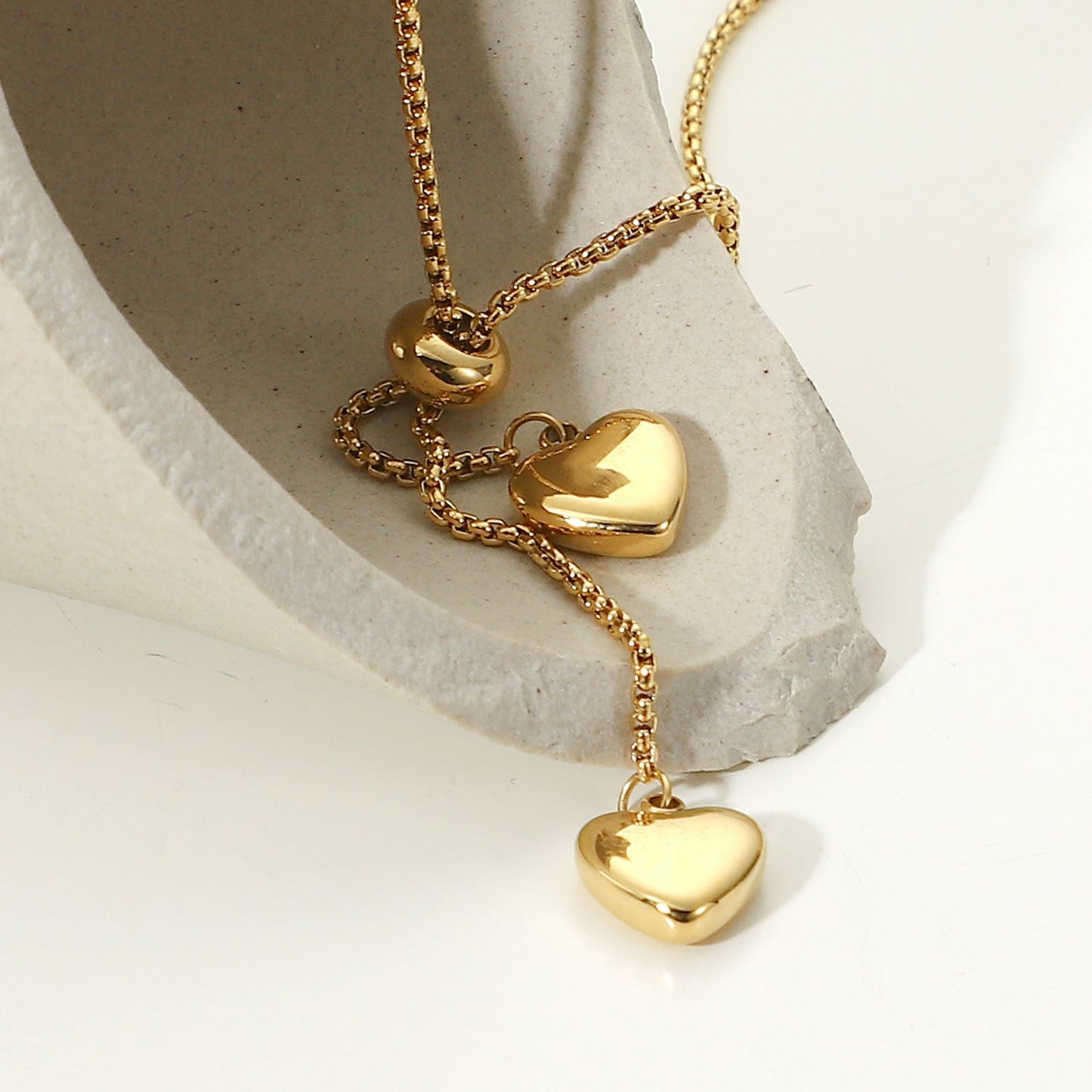 Stainless steel 14k gold-plated Y-shaped double-heart necklace