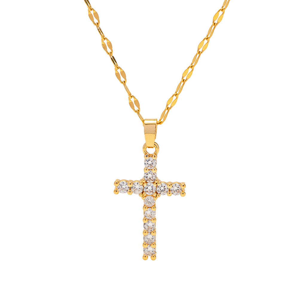 Stainless steel 18k gold-plated white zircon cross necklace