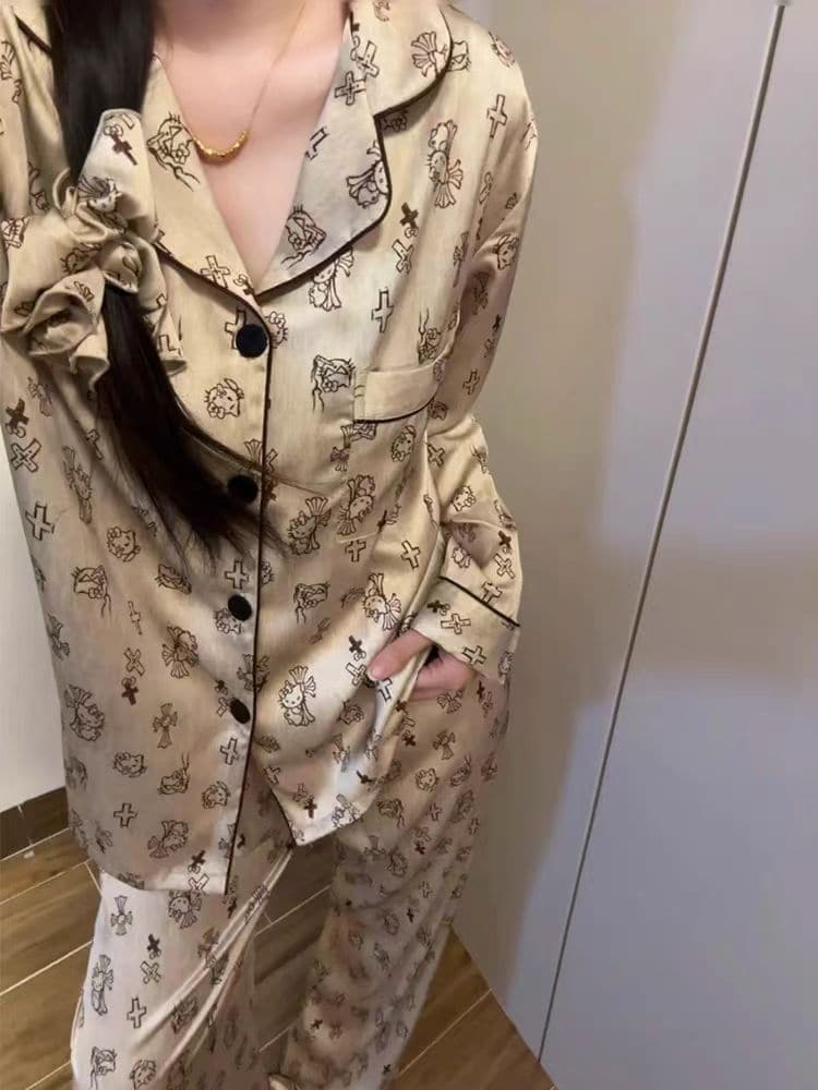 Gothic Kitty Cartoon Print Satin Pajama Set