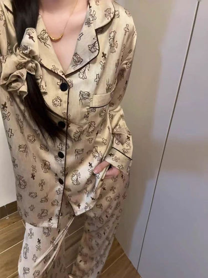 Gothic Kitty Cartoon Print Satin Pajama Set
