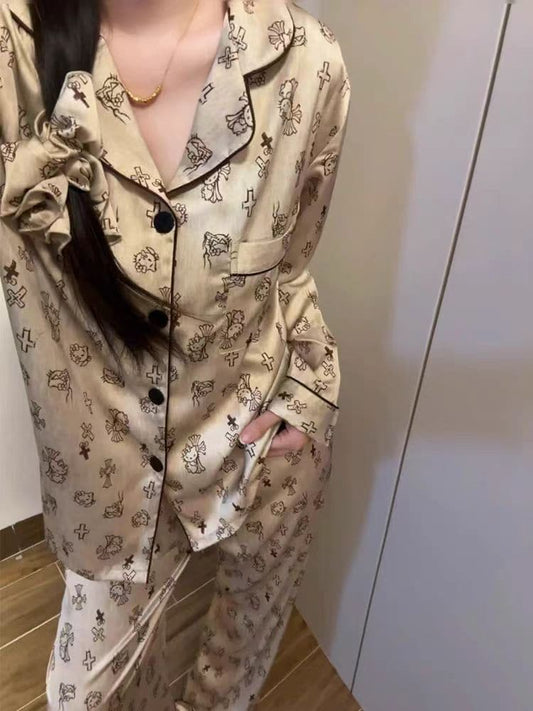 Gothic Kitty Cartoon Print Satin Pajama Set