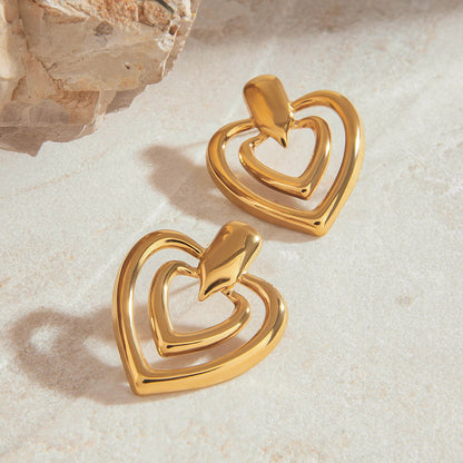 Stainless steel 18k gold-plated double heart earrings