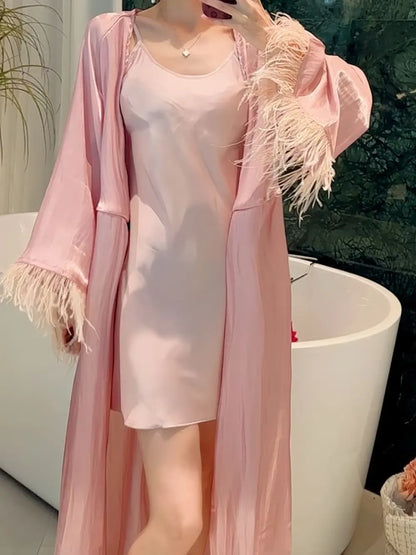 "Blush Feather" Satin Robe & Slip Dress Two-Piece Set
