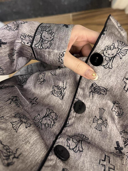Gothic Kitty Cartoon Print Satin Pajama Set