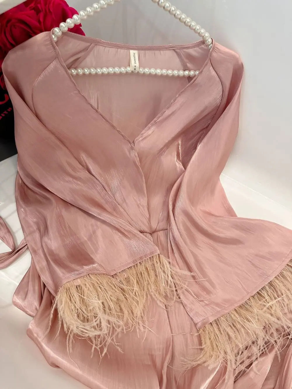 "Blush Feather" Satin Robe & Slip Dress Two-Piece Set
