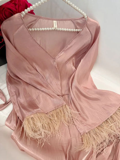 "Blush Feather" Satin Robe & Slip Dress Two-Piece Set
