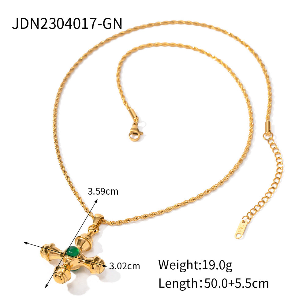 Stainless steel 18k gold-plated tiger's eye stone cross necklace