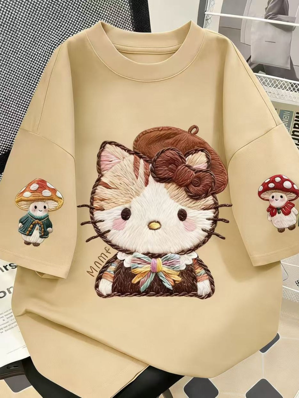 Embroidered Hello Kitty Oversized Cotton T-Shirt, Mushroom Print Casual Tee